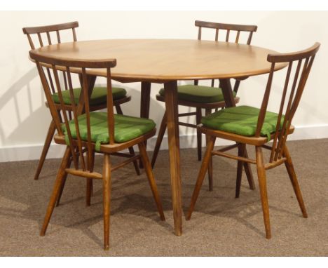 Ercol 'Windsor' elm drop leaf dining table on tapering supports (114cm x 124cm, H70cm), and set four elm and beech dining cha