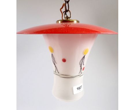 A 1950's vintage metal and glass light fitting decorated stick figures playing with a ball, 25cm tall