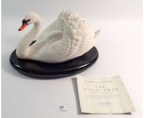 'The Royal Swan' bisque porcelain swan on wooden plinth by The Franklin Mint with COA, 32cm long