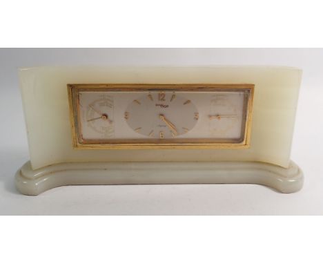 An Asprey Art Deco Imhof alabaster mantel clock with barometer and thermometer, 23cm wide