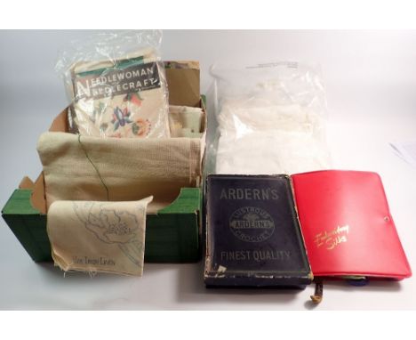 A group of vintage embriodery threads, linen, sewing book etc, a box of Ardern's crochet threads and two nightdresses
