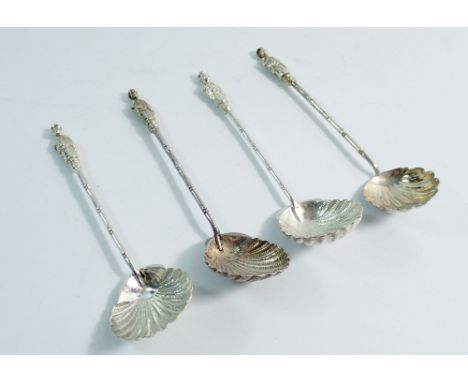 Four Chinese silver cream ladles with figural finials and shell bowls by TC, 12cm, 57g