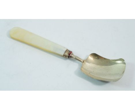A silver caddy spoon with mother of pearl handle, Birmingham 1832 by George Unite