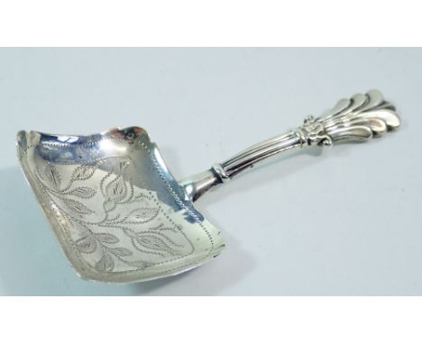 A silver caddy spoon with foliate engraved rectangular bowl and fleur de lys handle, Birmingham 1835 by George Unite