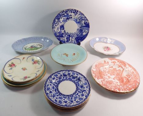 A quantity of plates and serving dishes including Royal Crown Derby, Victorian comport, Coalport, Spode etc.