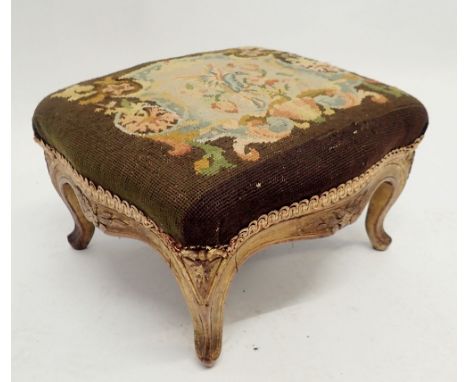 A Victorian gilt wood stool on scroll supports with tapestry top, 36 x 32cm