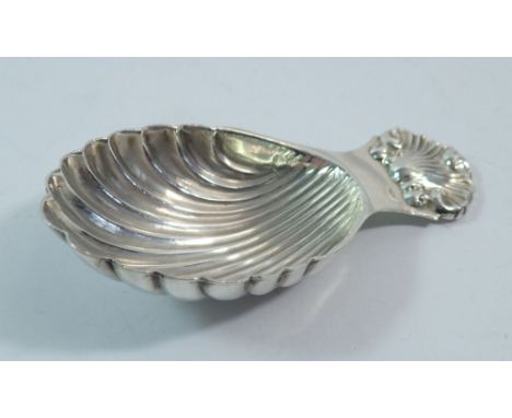 A silver caddy spoon with shell handle and bowl, Birmingham 1967 by S J Rose
