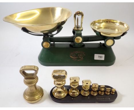 A cast iron and brass set of Thornton &amp; Co kitchen scales plus set of 1lb to 1/4 oz weights and 2lb weight 