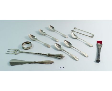 A matched set of six silver Georgian teaspoons, 86g, silver marked shoe horn, toasting fork, white metal sugar tongs etc.