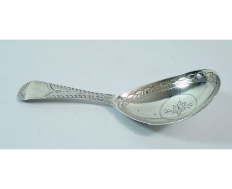 A silver bright-cut engraved caddy spoon, London 1799