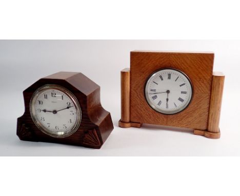 A 19th century clock movement in Art Deco oak case and another 8 day French mantel clock, 16.5cm tall