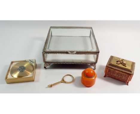 A glass square trinket box, compact etc.
