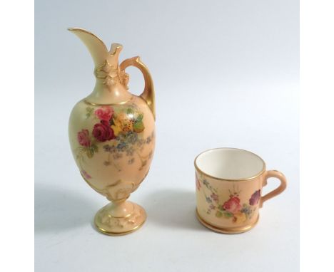 A Royal Worcester ivory blush ewer, 12cm and a miniature tankard painted flowers