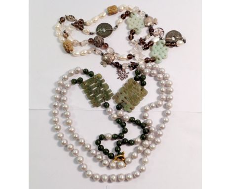 A Chinese freshwater pearl and jade necklace and a similar pearl and jade necklace 
