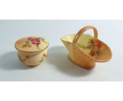 A Royal Worcester ivory blush miniature basket, 6.5cm long and circular box