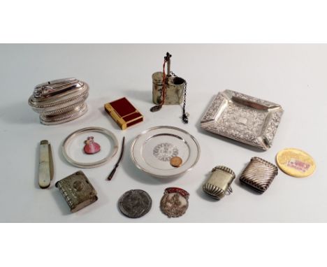 A group of silver plated items including white metal ashtray, paten, vesta cases, Ronson lighter etc.
