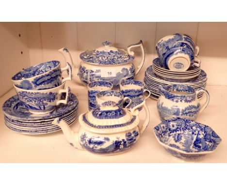 A Copeland Spode part tea set comprising teapot, four cups and saucers, ten tea plates, jug, three coffee cups, small teapot 
