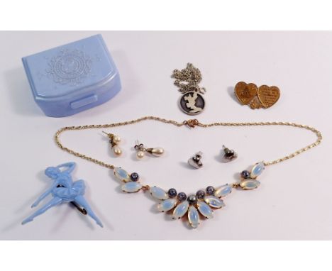 A group of vintage costume jewellery including silver necklace and earrings, miliatry sweetheart brooch, plastic ballet dance