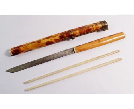 A Japanese trousse knife and bone chopstick set in tortoiseshell case 