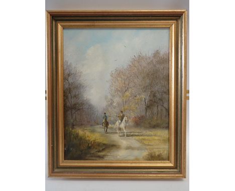J K Whitton - oil on canvas two horse riders in woodland, 25 x 19.5cm