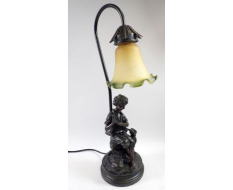An Art Nouveau style figurative table lamp with seated boy and dog, 51cm tall