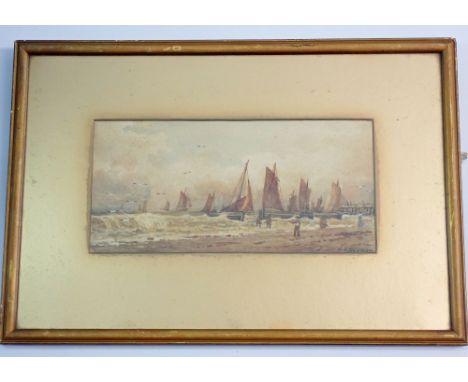 H R Suer - watercolour coastal with fishing boats, 11.5 x 25cm