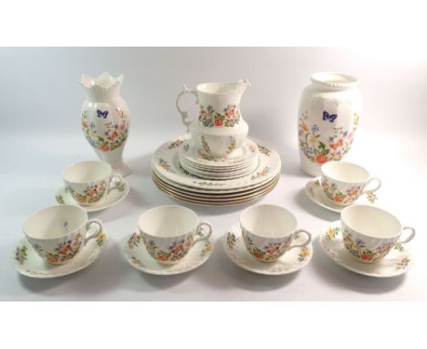 A group of Aynsley Cottage Garden including vases, jug, six cups and saucers, six tea plates and two dinner plate and four He