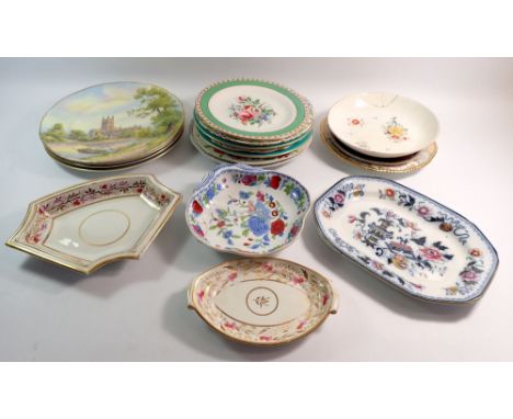 A quantity of various plates including Worcester plate painted Gloucester Cathedral, Coalport etc.