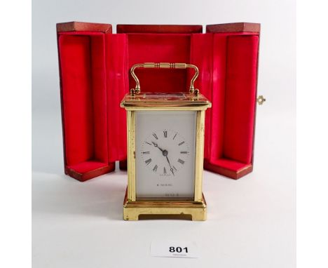 A H Samuel brass carriage clock in fitted case, 11cm