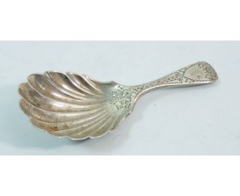 A silver engraved shell bowl caddy spoon, London 1897 by George Jackson and David Fullerton