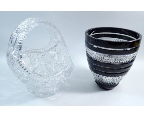 A cut glass vintage basket and a Waterford John Roche banded cut glass vase, 19cm tall