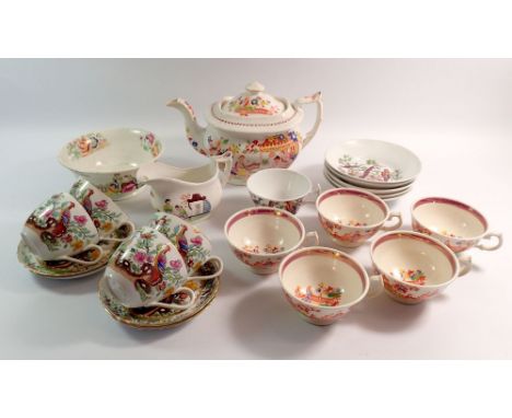 An early 19th century teapot and four cups, a set of four Spode cups and saucers etc.