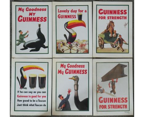 Six unframed Gilroy Guiness vintage advertising prints. One signed Gilroy. H.30 W.21cm 