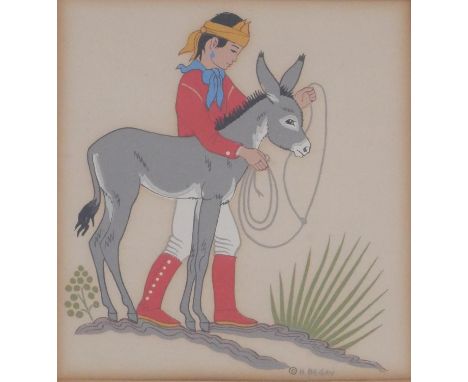 Harrison Begay- A framed and glazed coloured lithograph of a native Indian and a donkey. Signed in plate H.Begay. H.29 W.27cm