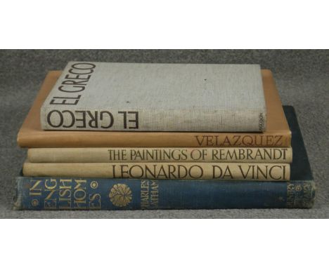 Five vintage hard back books on art and interior design. Including Rembrandt by Phaidon Press, Leonardo Da Vinci, Velazquez a