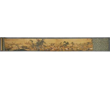 A printed Chinese scroll of a landscape with horses. L.264 W.34cm 