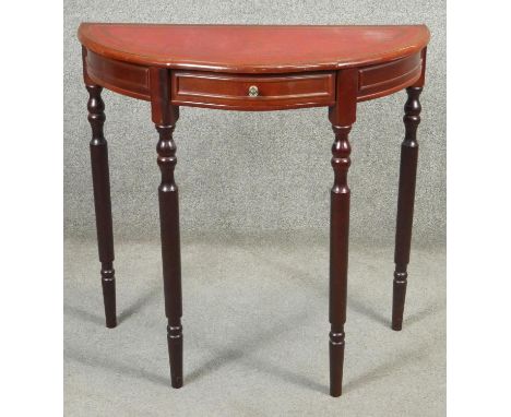 A Georgian style mahogany demi lune console table. H.73 W.75 D.38cm 