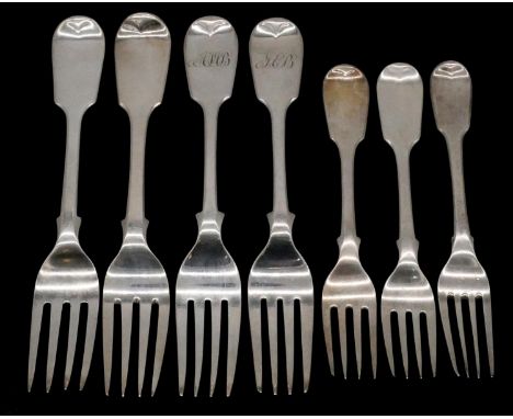 Seven silver forks. Including four large serving forks, hallmarked WRS for William Rawlings Sobey, Exeter, 1841, two hallmark