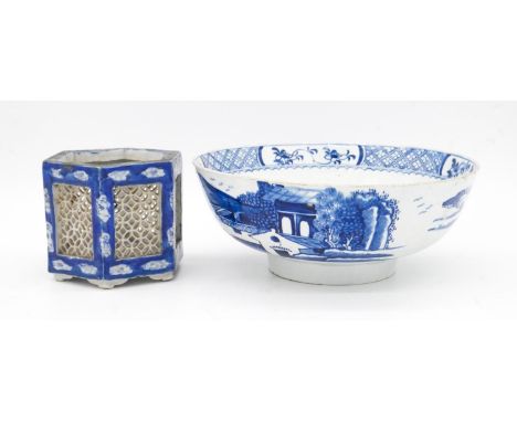 An 18th century blue and white porcelain bowl with unglazed foot and painted Oriental scene. Along with a 20th century Chines