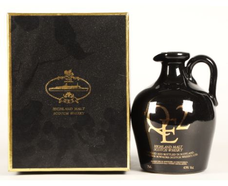 QE2 Highland Malt Scotch whisky in pottery decanter with stopper and presentation box. 43% vol, 75cl.