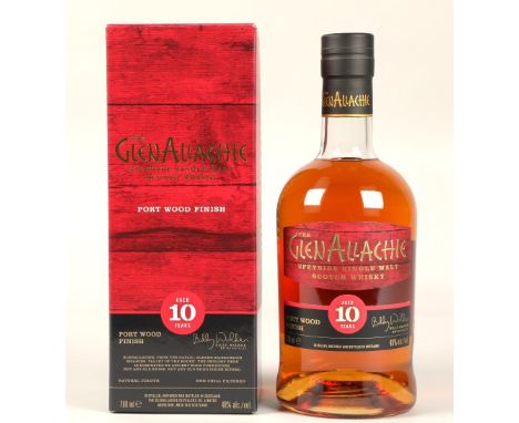 The GlenAllachie Port Wood Finish 10 years old Speyside single malt scotch whisky, 700ml, 48% vol, boxed.