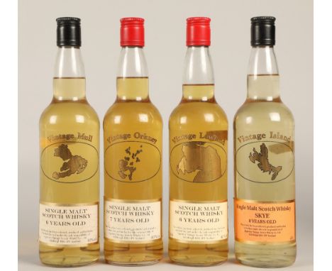 Four bottles of Signatory Vintage single malt scotch whisky, Comprising of Mull 6 years old, Lowland 6 years old, Orkney 7 ye