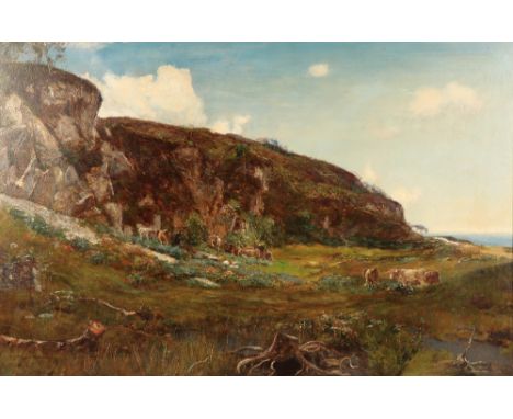 Sir David Murray R.A. H.R.S.A. P.R.I. R.S.W. (Scottish 1849-1933) 'Highland Cattle By The Shoreline' Framed oil on canvas, si