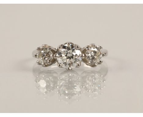 Magnificent three stone diamond ring, central stone 1.5 carat flanked either side by 0.5 carat stones set on a platinum shank