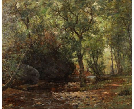 Joseph Morris Henderson RSA (Scottish 1864-1936) 'A Woodland Stream' Gilt framed oil on canvas, signed  50cm x 60 cm Conditio