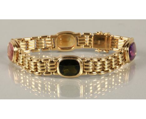 Ladies 18ct yellow gold bracelet set with cabochon gems to include amethyst, tourmaline, citrine , stamped 750, 48g.