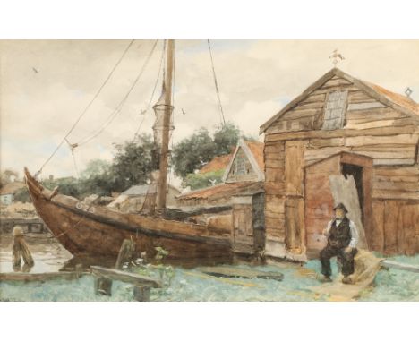 Willem Bastiaan Tholen (Dutch Impressionist 1899-1931) Moored fishing boat Gilt framed watercolour signed with original recei