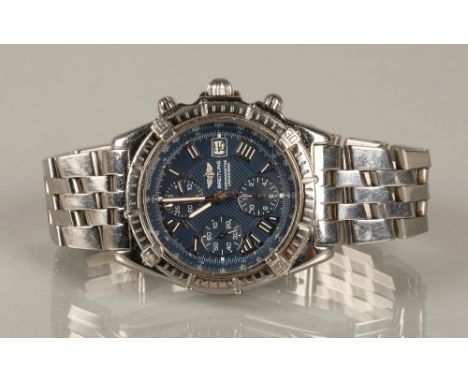 Breitling Crosswind chronograph stainless steel Gentleman's automatic wristwatch, blue dial with three subsidiary dials and d