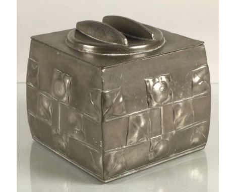 Archibald Knox for Liberty &amp; co, Tudric pewter biscuit box with stylized leaf design, no 0194, 11.5cm high