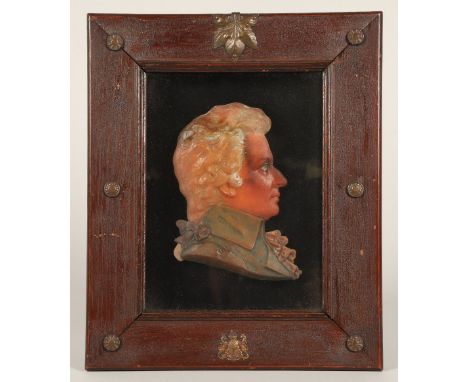 18th Century framed wax portrait miniature of Mozart, inscribed verso,&nbsp; 20cm x 15cm including mount.
